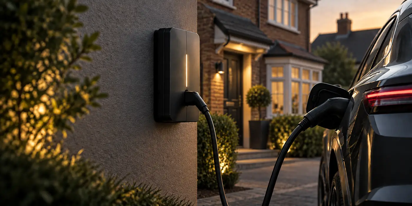 Home EV charger installed on the wall of a West London house, charging a car