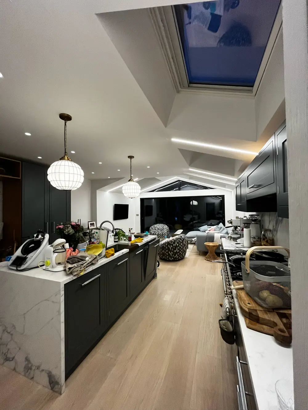 Elm Grove Road, SW13 0BT — open-plan kitchen extension with rooflights, LED strip lighting, downlights and globe pendants