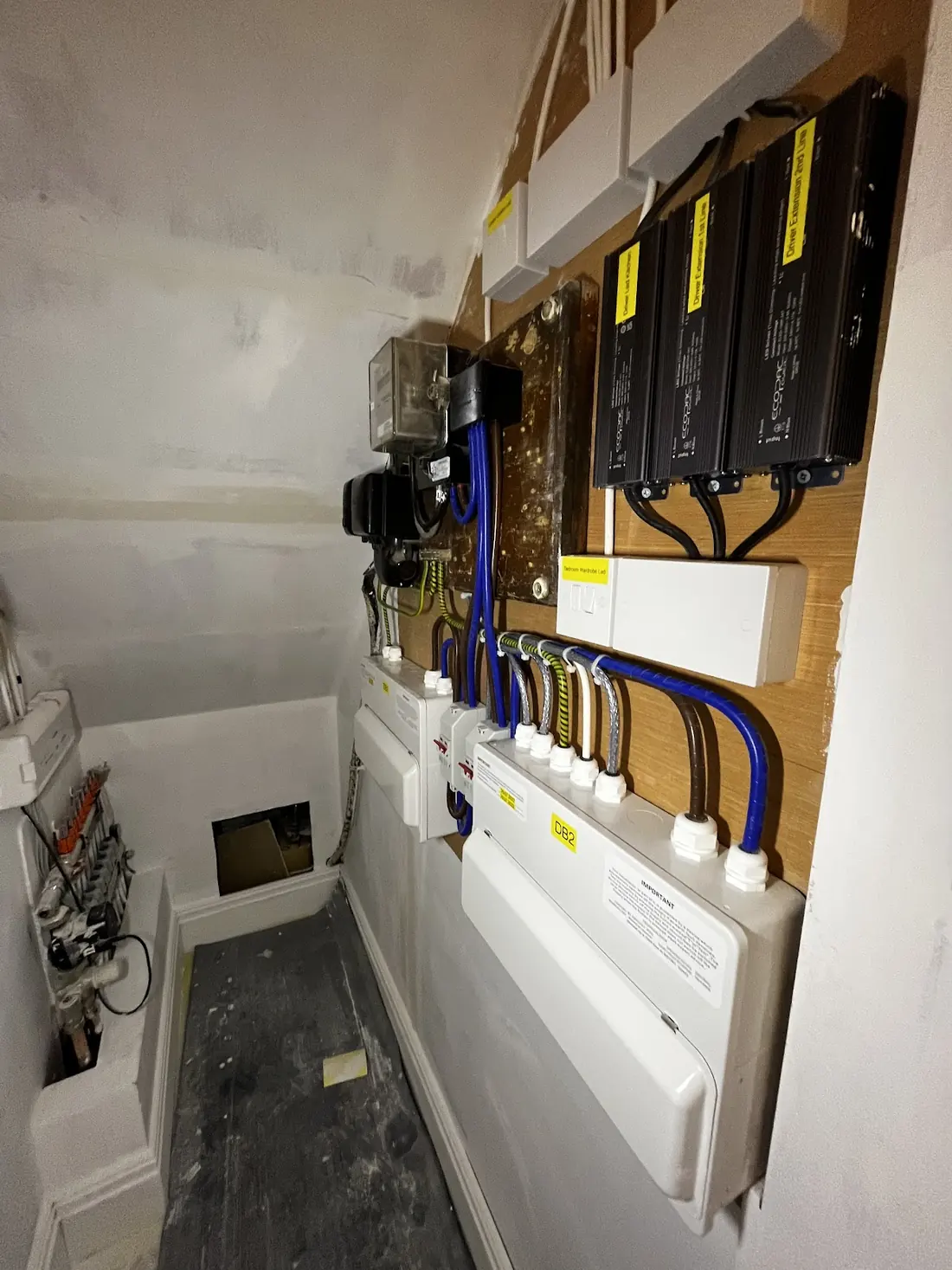 Labelled distribution board and LED driver bank installed for the kitchen extension lighting